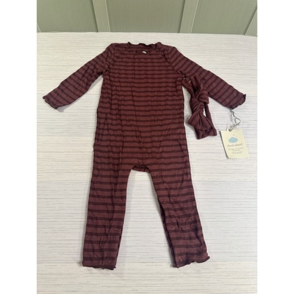 Cloud Island Baby Girls Romper and Head Wrap Set 24M Maroon Ribbed Striped NWT